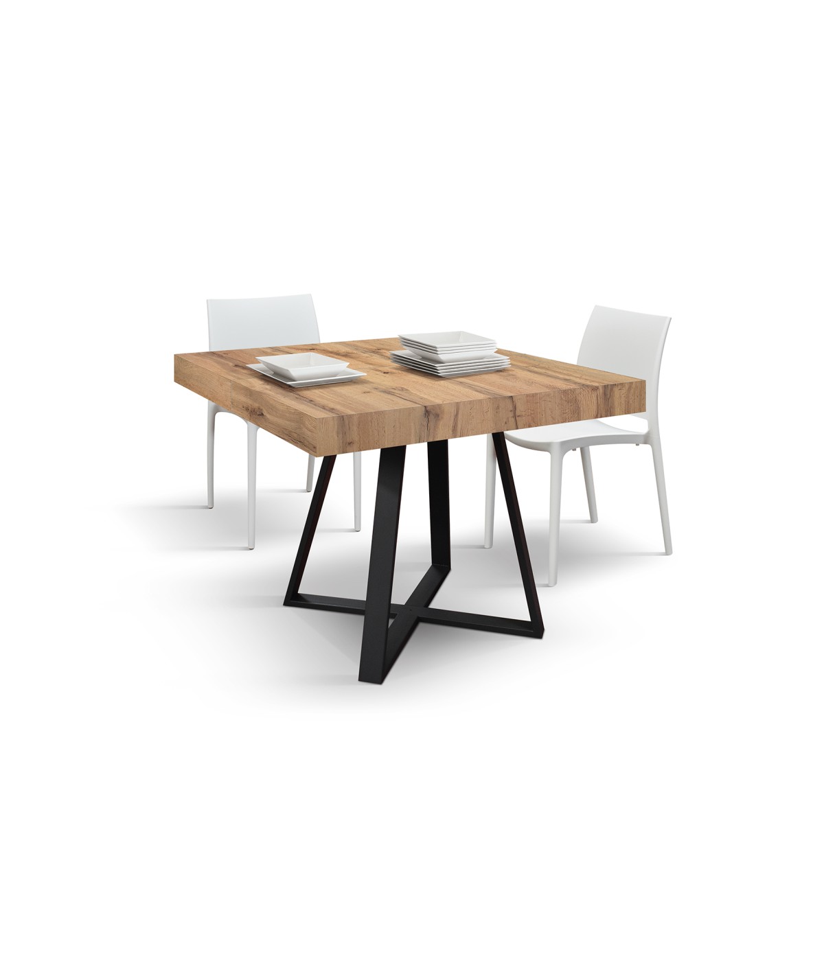 Tavolo rettangolare moderno allungabile piano rovere rustico gambe nere 95x90x75,5 vista frontale