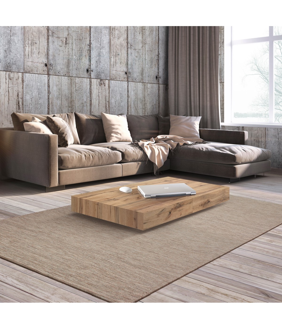 Tavolino trasformabile moderno allungabile piano rovere rustico gambe nere 120x80x30/77 vista frontale