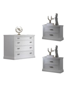Gruppo 1 cassettiera 2 comodini classici legno shabby bianco vista frontale