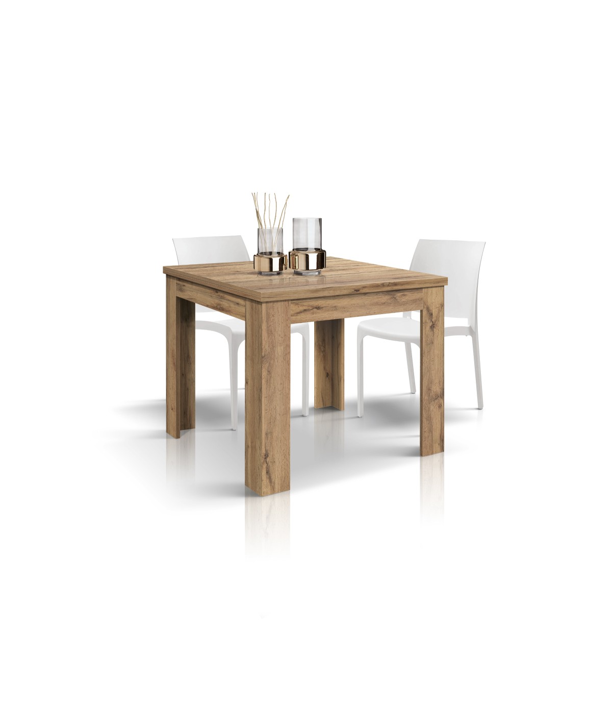 Tavolo quadrato moderno allungabile a libro rovere rustico 90x90x77 vista frontale