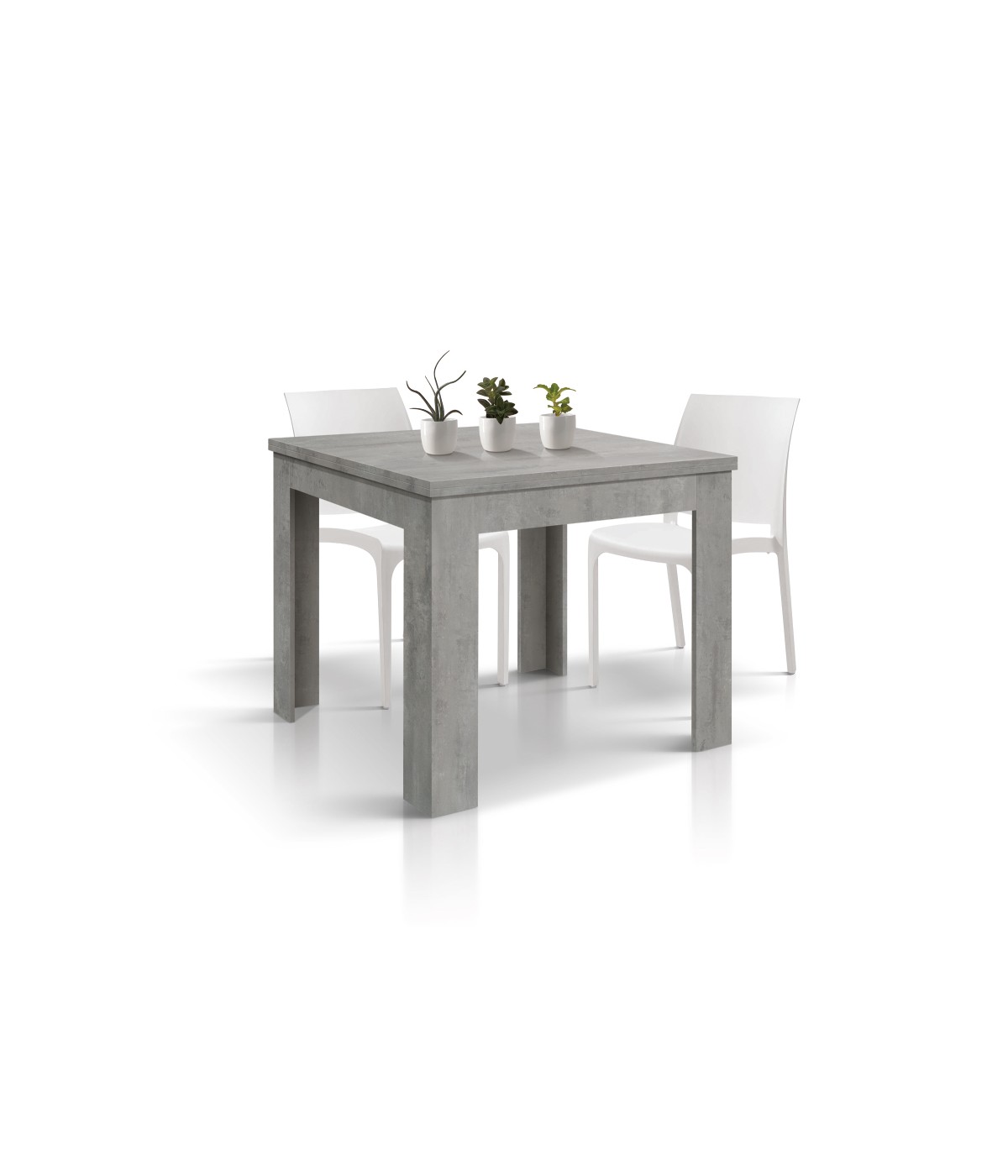 Tavolo quadrato moderno allungabile a libro grigio cemento 90x90x77 vista frontale