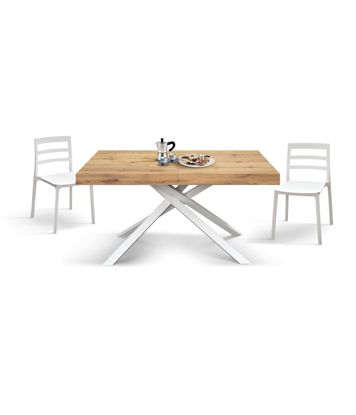 Tavolo moderno allungabile rovere rustico gambe bianche 140x90x74 160x90x74 vista frontale