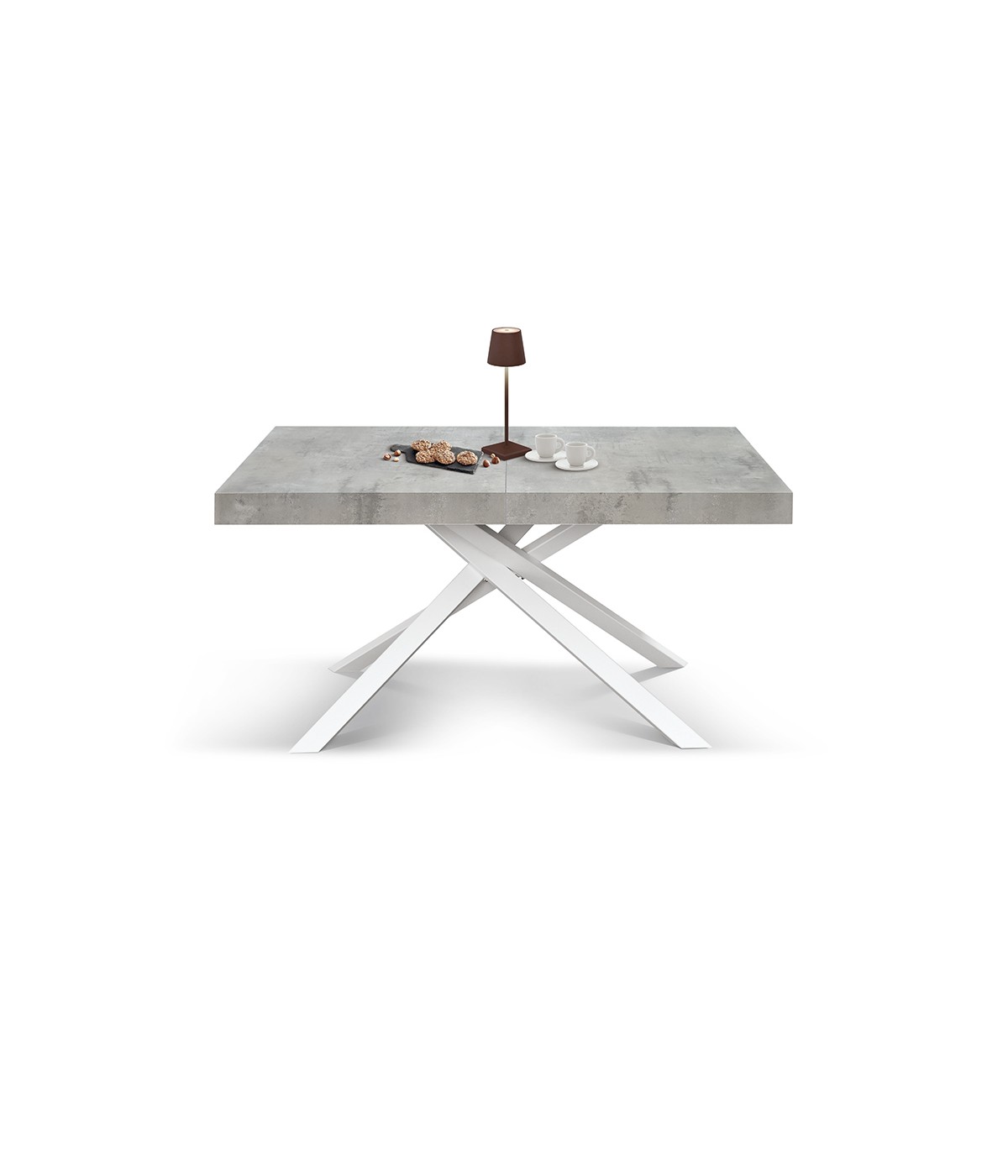 Tavolo moderno allungabile grigio cemento gambe bianche 140x90x74 160x90x74 vista frontale