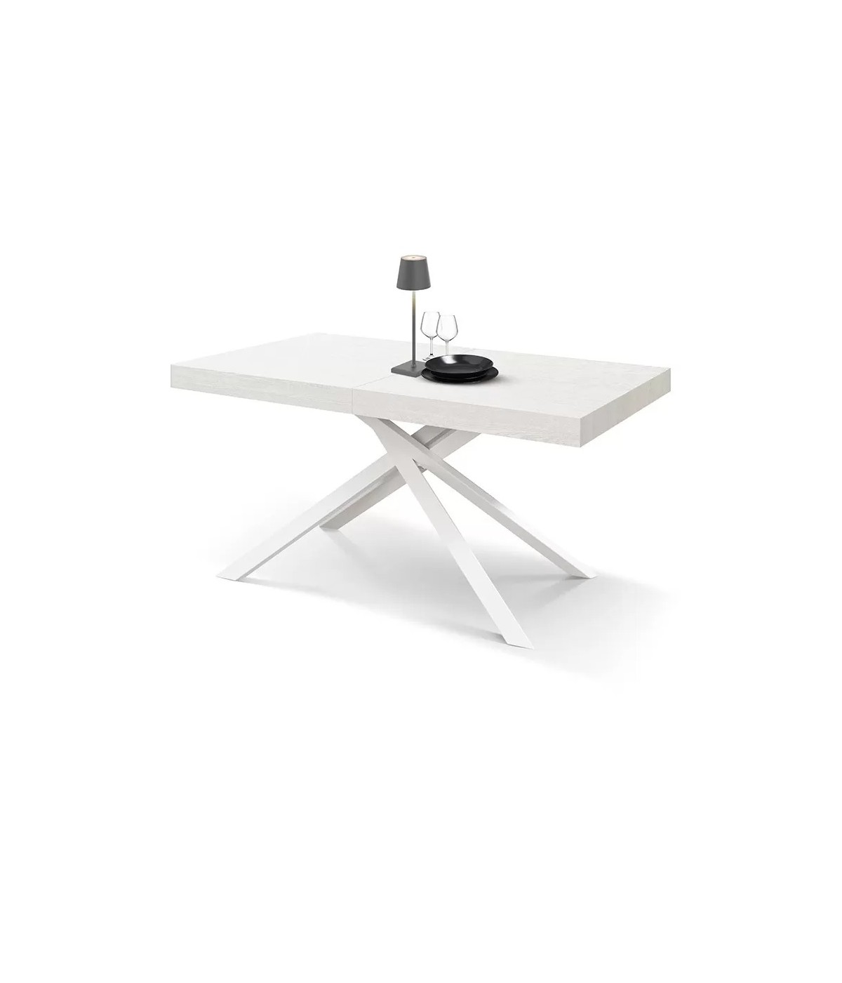 Tavolo moderno allungabile bianco frassino gambe bianche 140x90x74 160x90x74 vista frontale