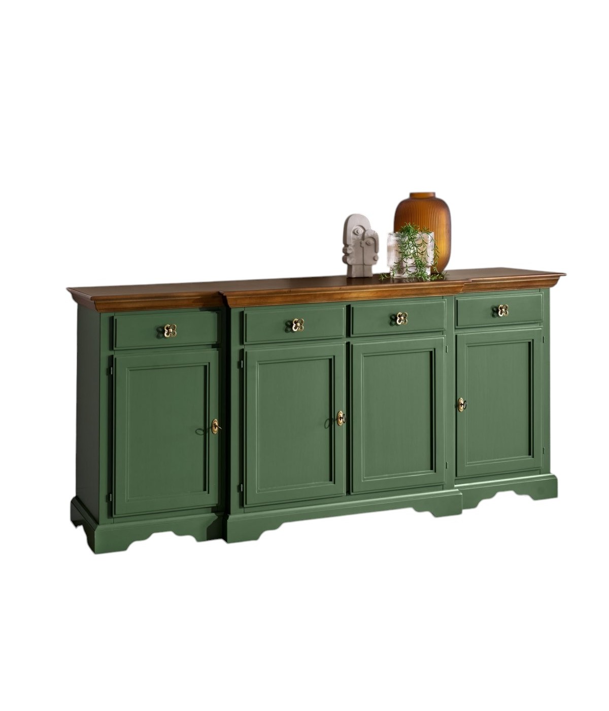 Madia credenza 4 porte 4 cassetti legno shabby verde e noce 200x45x93 VISTA FRONTALE