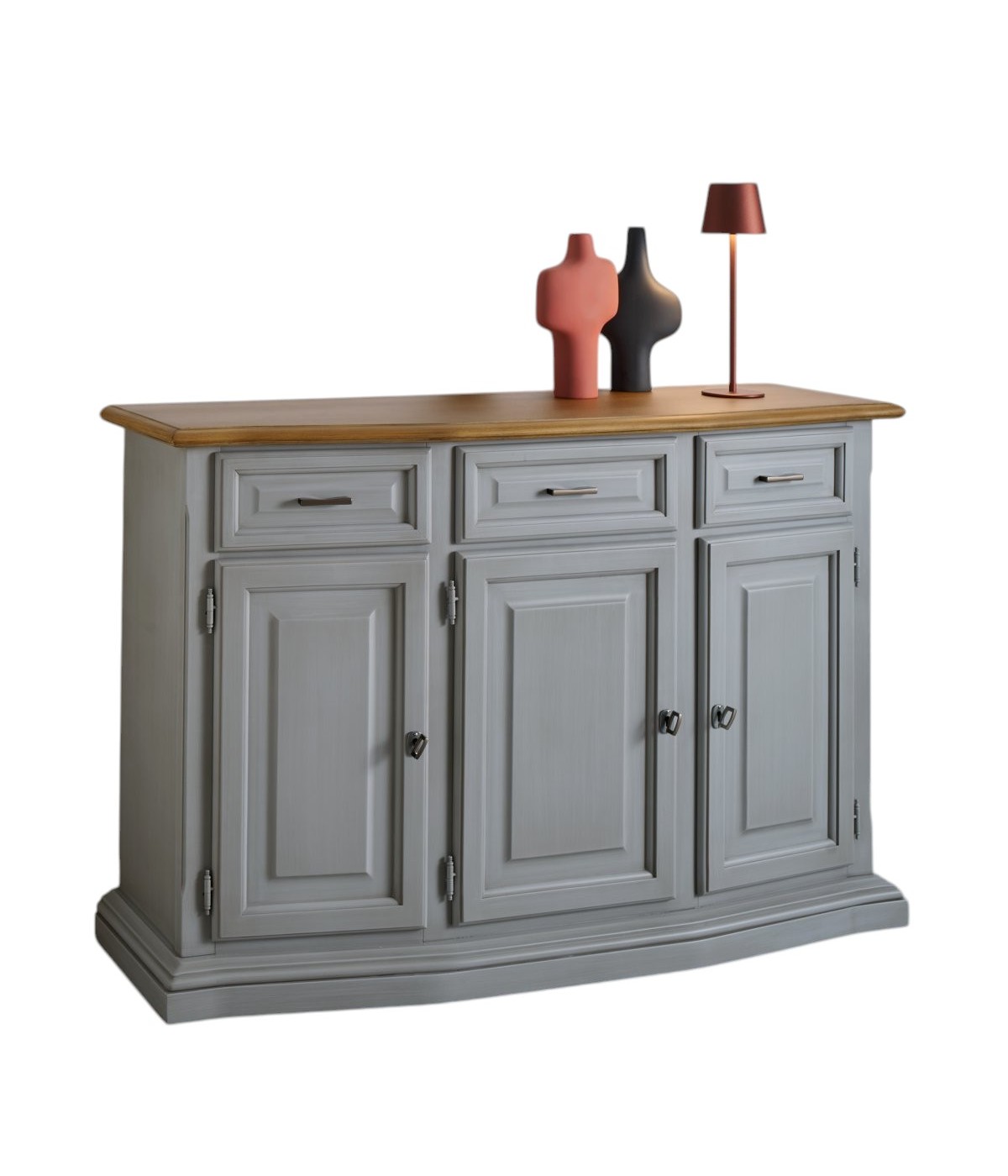 Madia credenza 3 porte 3 cassetti legno shabby grigio e noce 126x38x86 VISTA FRONTALE