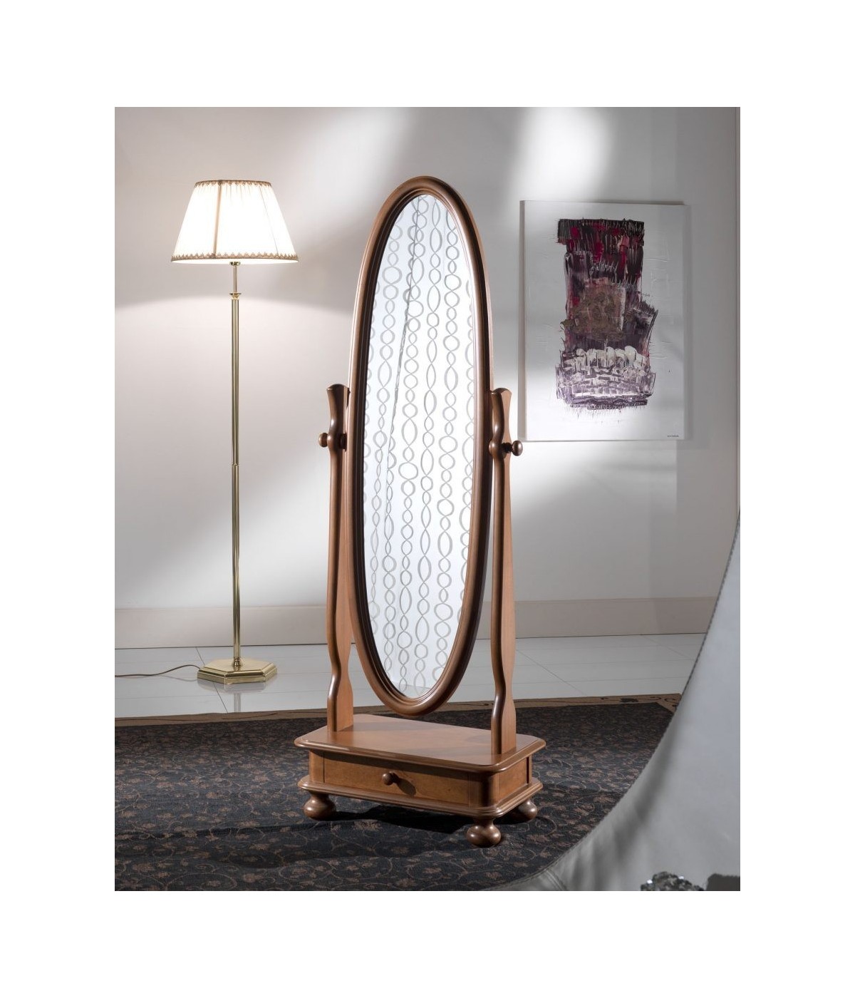 MOBILI 2G - Specchiera girevole ovale in legno tinta noce 1 cassetto L.57 x H.165 x P. 35