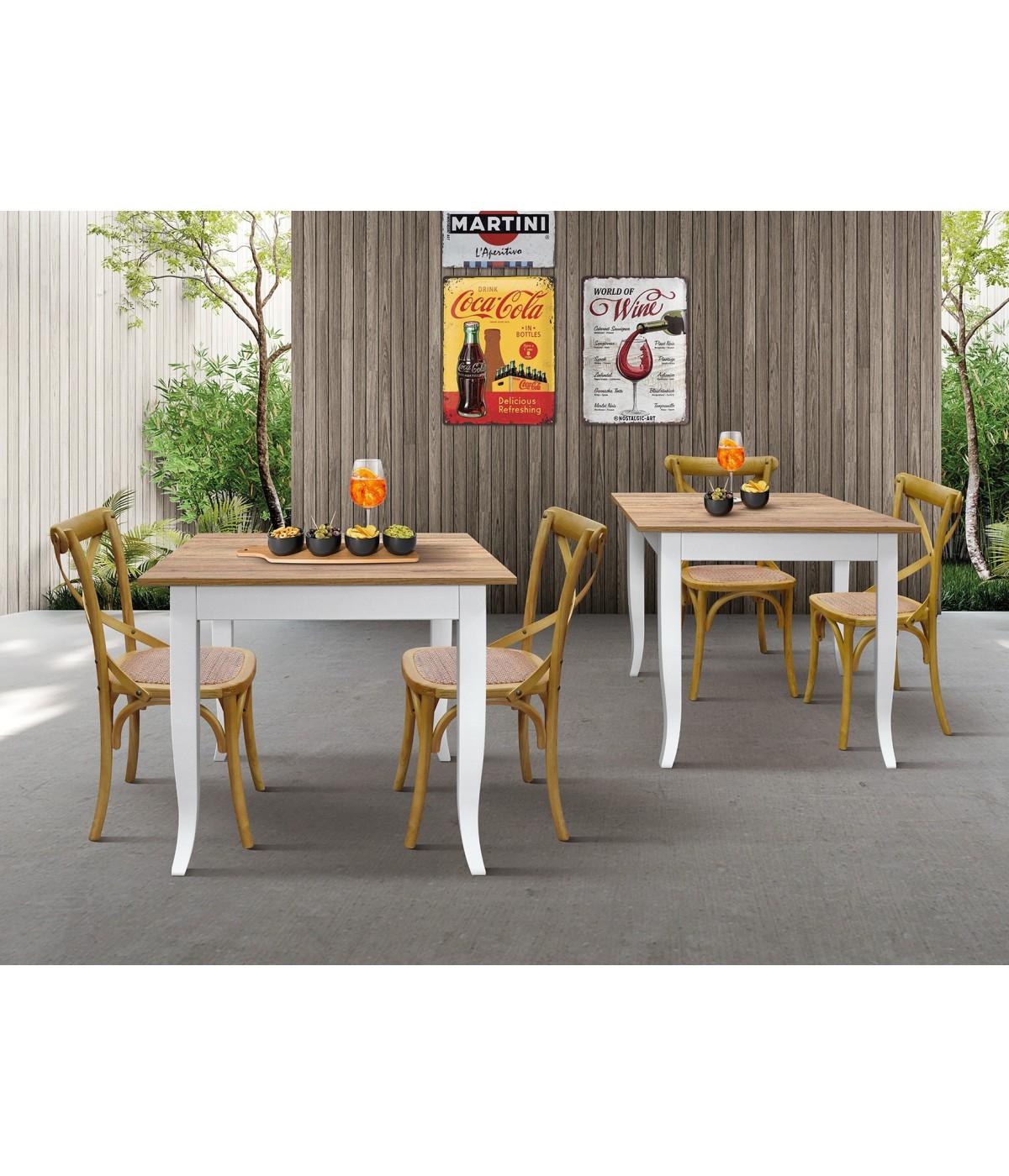 Set 2 Tavoli quadrati legno fissi rovere gambe bianche cucina bar ristorante 80x80x74 vista frontale