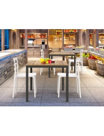 Set 2 Tavoli quadrati fissi rovere rustico gambe nere cucina bar ristorante 80x80x75 vista frontale