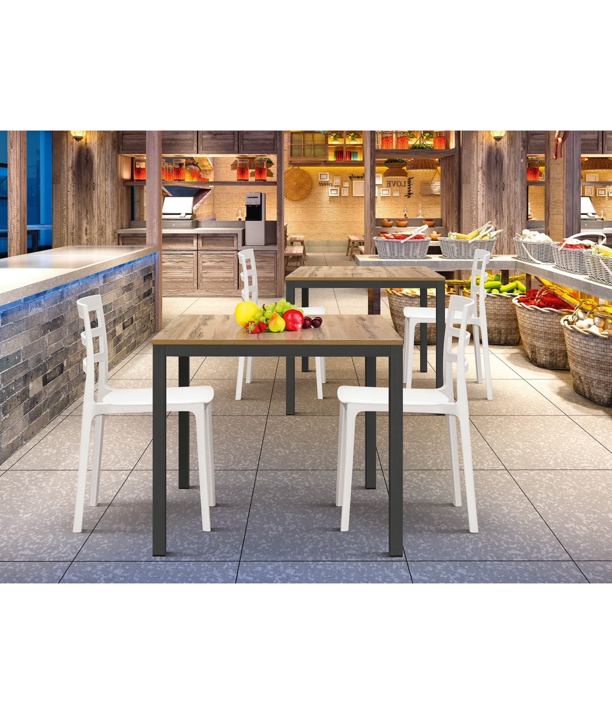 Set 2 Tavoli quadrati fissi rovere rustico gambe nere cucina bar ristorante 80x80x75 vista frontale