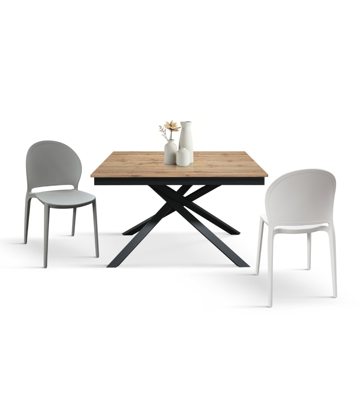 Tavolo moderno allungabile rovere rustico gambe nere 120x80x76 140x80x76 160x90x76 vista frontale