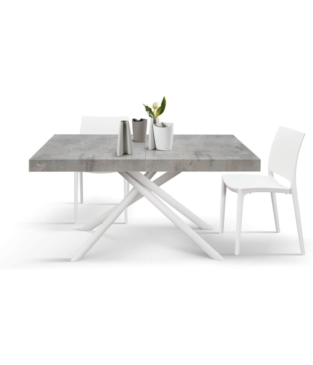 Tavolo moderno allungabile grigio cemento gambe tubolari bianche 140x90x74 160x90x74