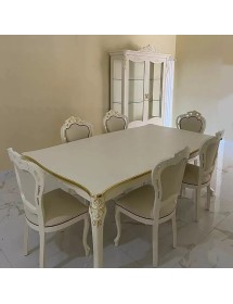 Tavolo barocco allungabile bianco anticato filo oro/argento 160x90x82  vista frontale