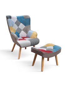 Poltrona moderna Patchwork con pouf imbottita 67x76x97