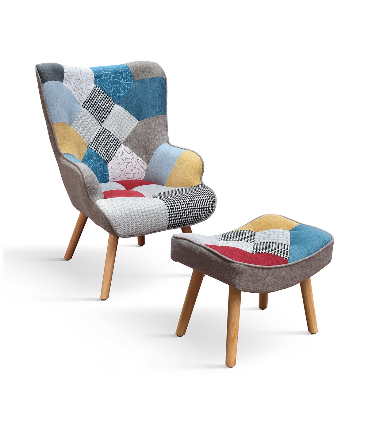 Poltrona moderna Patchwork con pouf imbottita 67x76x97
