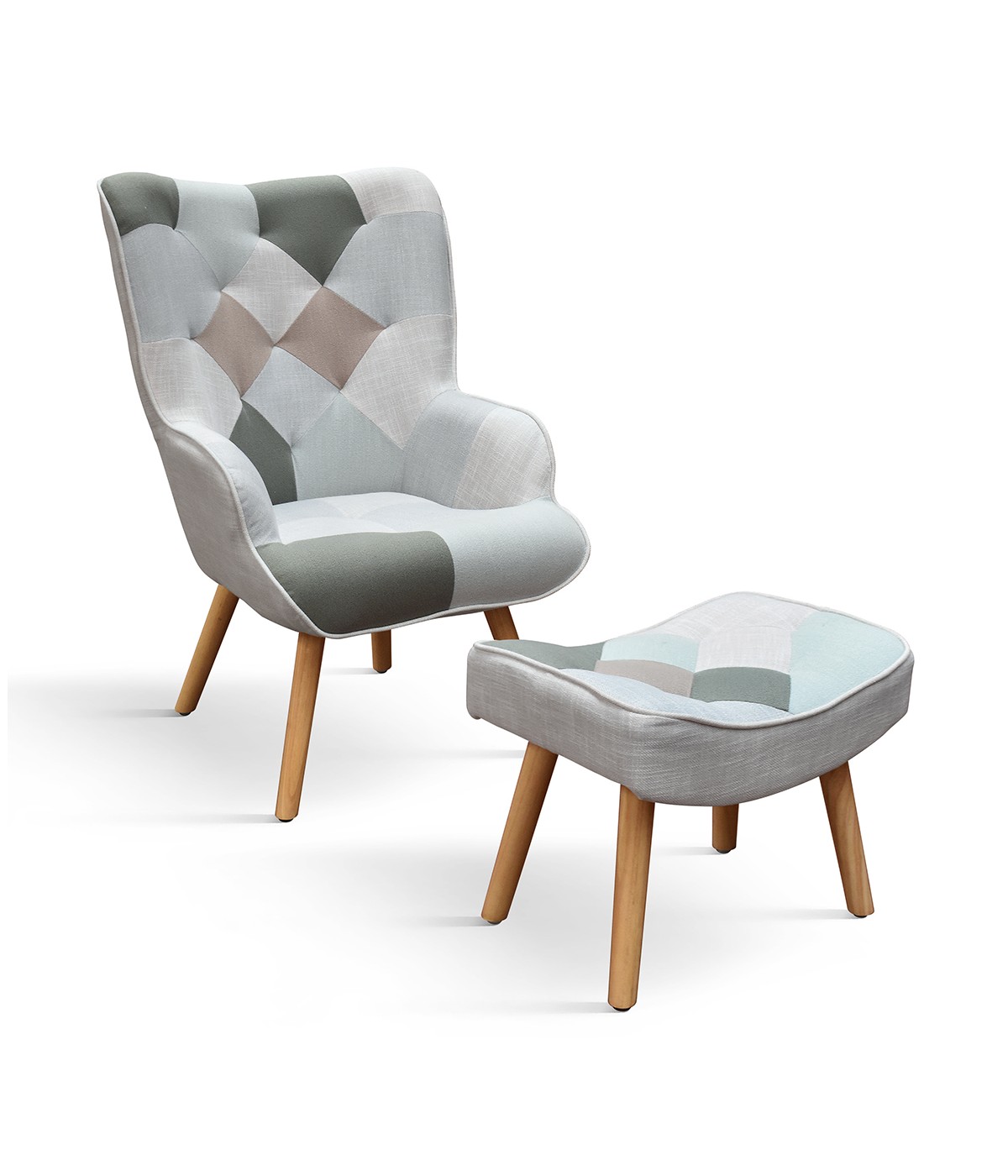 Poltrona moderna Patchwork con pouf imbottita 67x76x97