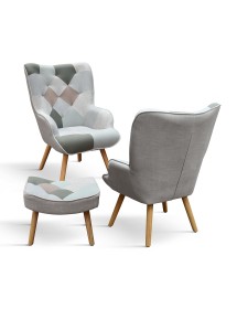 Poltrona moderna Patchwork con pouf imbottita 67x76x97