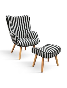 Poltrona moderna righe bianche e nere con pouf imbottito 67x76x97