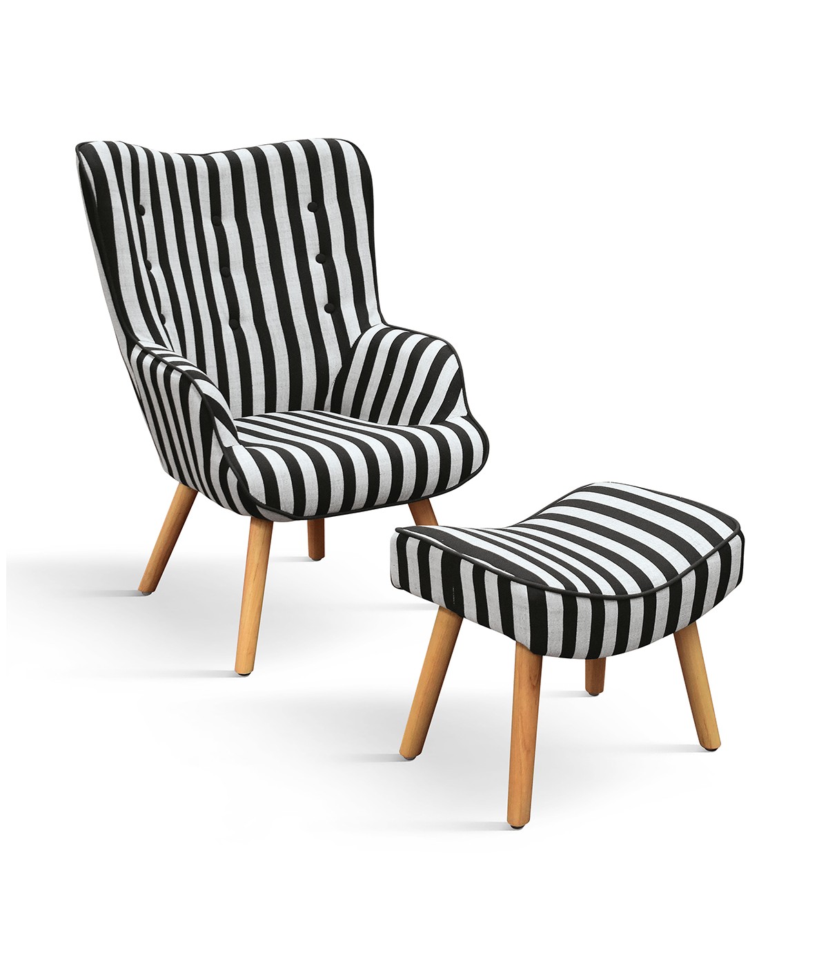 Poltrona moderna righe bianche e nere con pouf imbottito 67x76x97