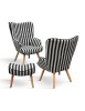 Poltrona moderna righe bianche e nere con pouf imbottito 67x76x97