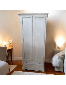 Armadio 2 porte 2 cassetti legno shabby bianco anticato 87x40x192 vista frontale