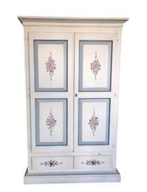 Armadio 2 porte 2 cassetti bianco filo azzurro decori 125X60X200 vista frontale