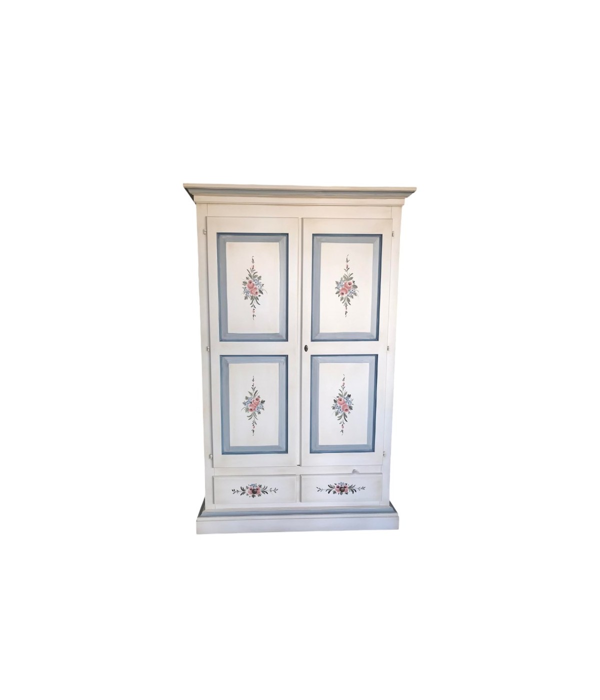Armadio 2 porte 2 cassetti bianco filo azzurro decori 125X60X200 vista frontale