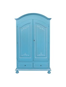 Armadio shabby chic legno decorato azzurro anticato 125x60x200 vista frontale