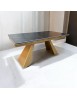 Tavolo moderno allungabile piano nero effetto marmo gambe oro 160x90x78 vista frontale