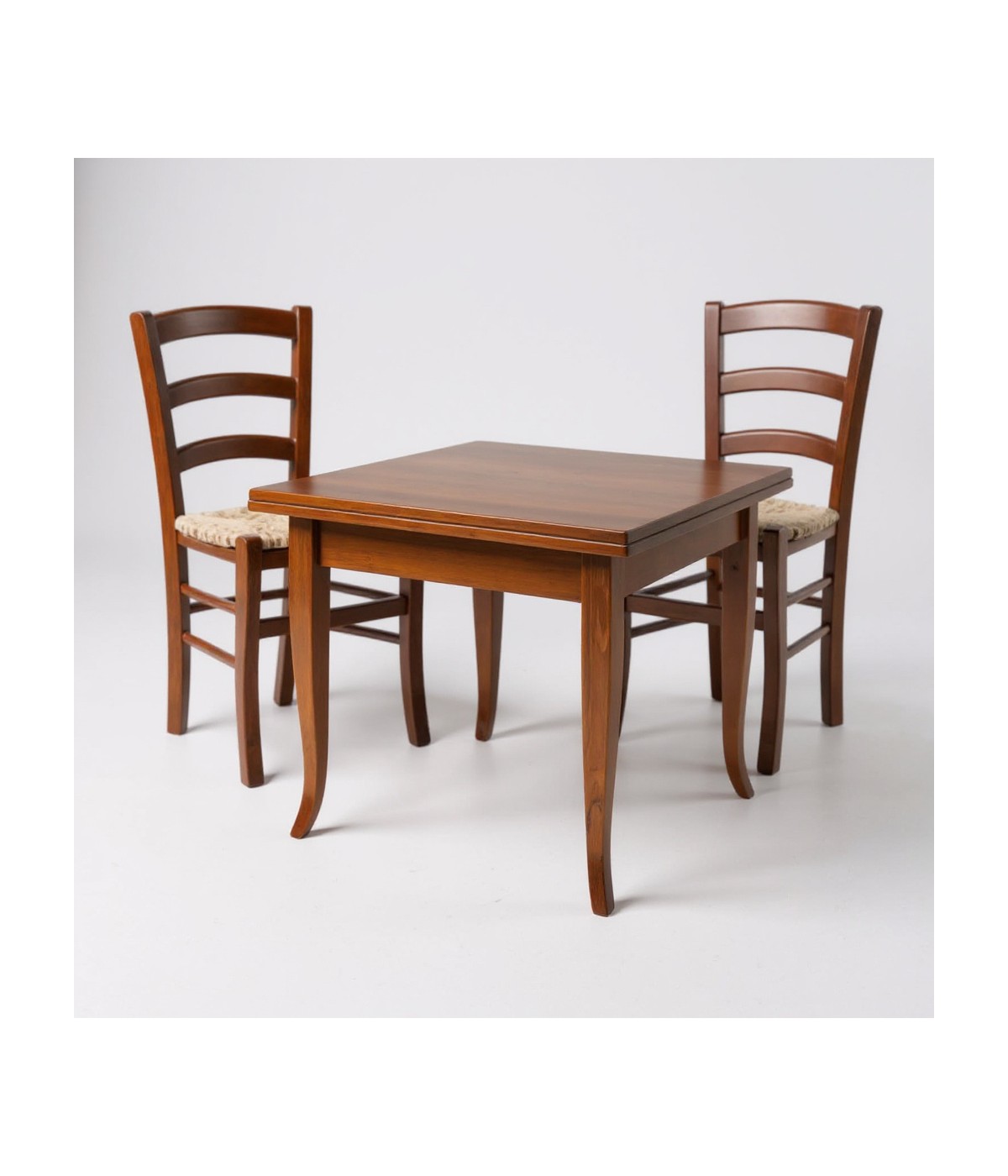 MOBILI 2G - Set tavolo quadrato 80x80 90x90 100x100 allungabile con 4/6 sedie legno seduta paglia VISTA FRONTALE