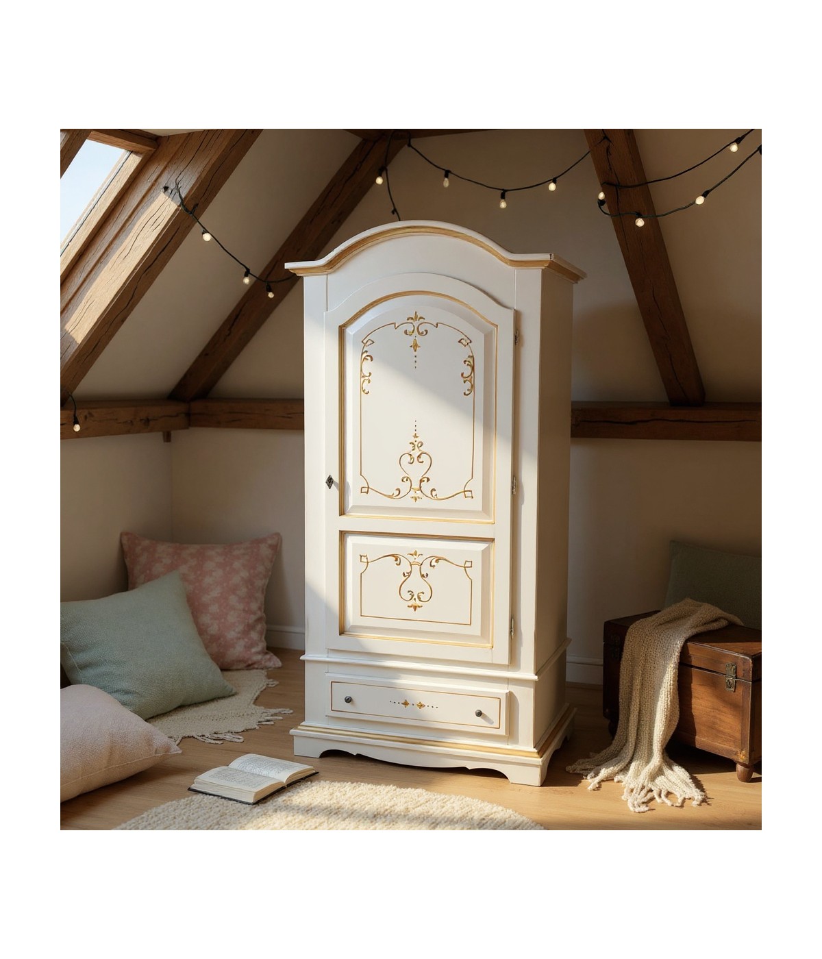 Armadio shabby 1 porta legno bianco anticato decori filo arancione 96x56x196 VISTA FRONTALE
