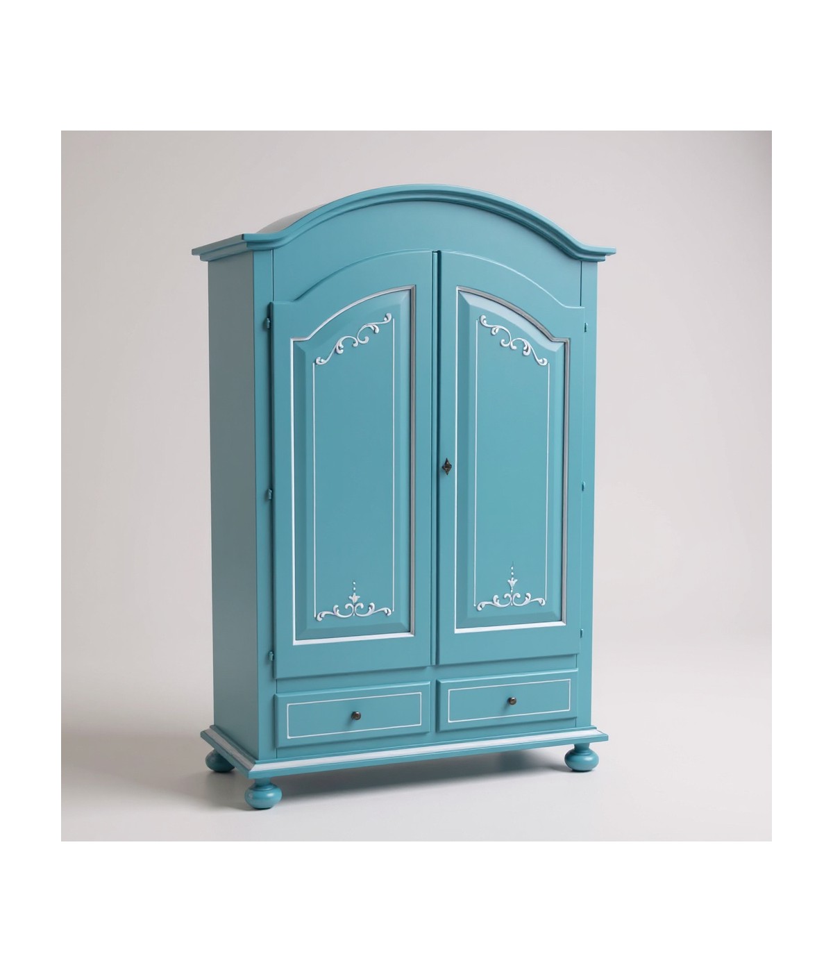 Armadio shabby chic legno decorato azzurro anticato 125x60x200 vista frontale