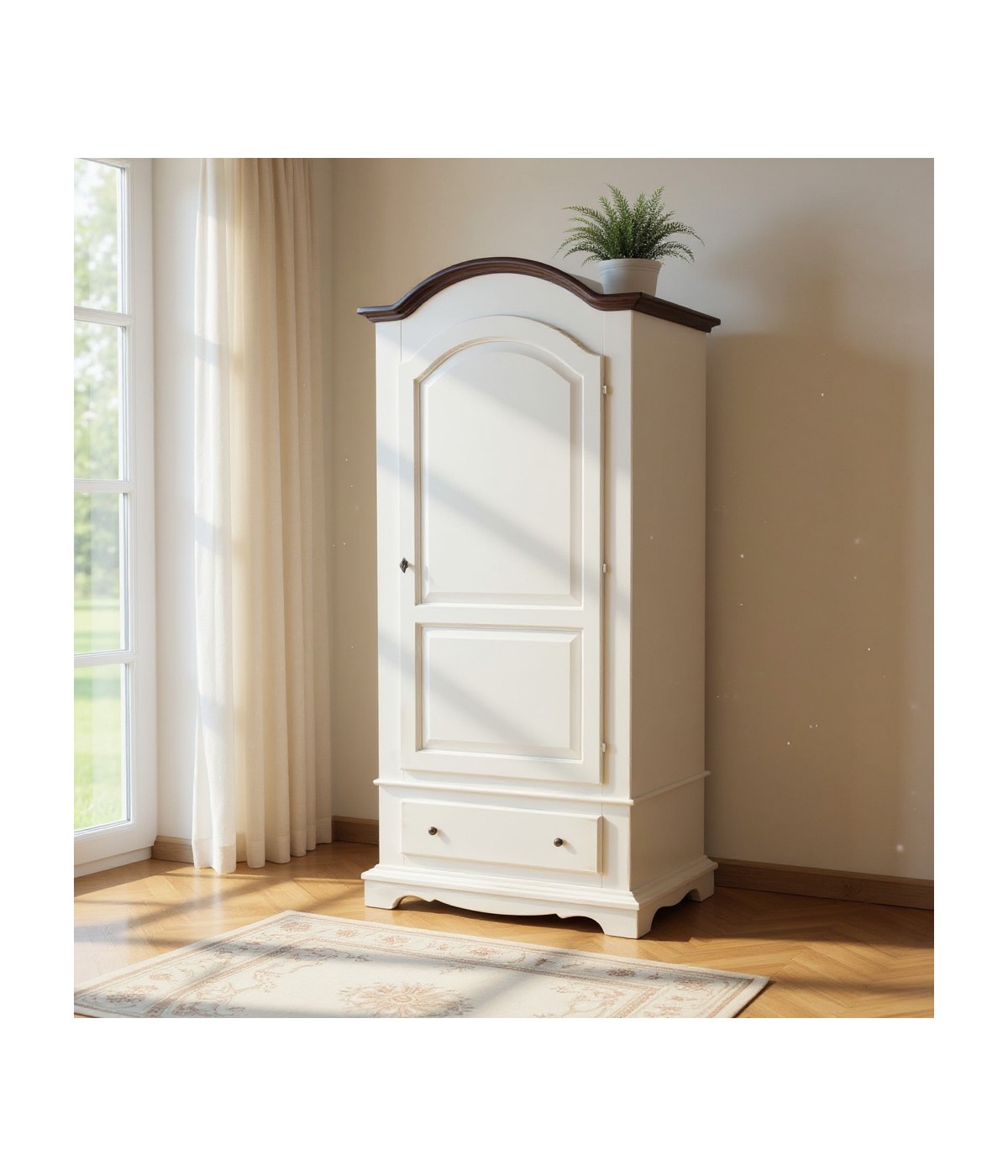 Armadio 1 porta legno shabby bianco invecchiato filo noce 96x56x196 vista frontale