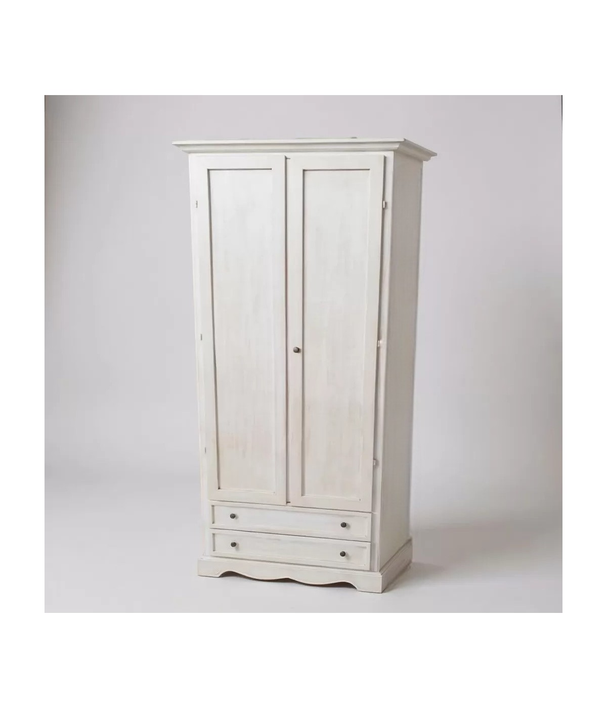 Armadio 2 porte 2 cassetti legno shabby bianco anticato 87x40x192 vista frontale