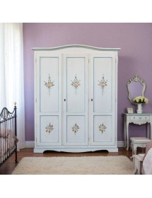 Armadio 3 porte legno bianco anticato filo azzurro decorato 158X56X197 vista frontale