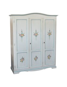 Armadio 3 porte legno bianco anticato filo azzurro decorato 158X56X197 vista frontale