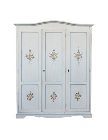 Armadio 3 porte legno bianco anticato filo azzurro decorato 158X56X197 vista frontale