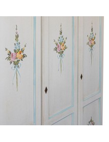 Armadio 3 porte legno bianco anticato filo azzurro decorato 158X56X197 vista frontale