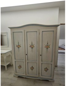 Armadio 3 porte legno bianco anticato filo azzurro decorato 158X56X197 vista frontale