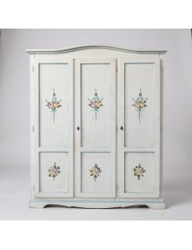 Armadio 3 porte legno bianco anticato filo azzurro decorato 158X56X197 vista frontale