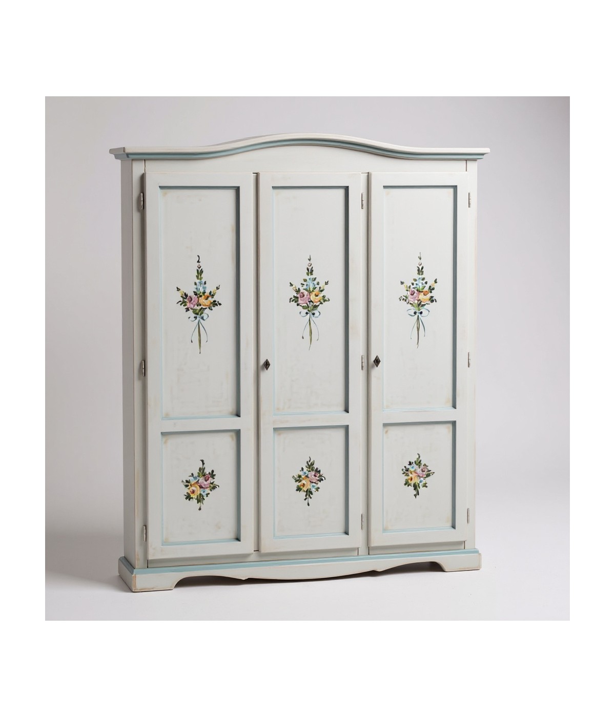 Armadio 3 porte legno bianco anticato filo azzurro decorato 158X56X197 vista frontale