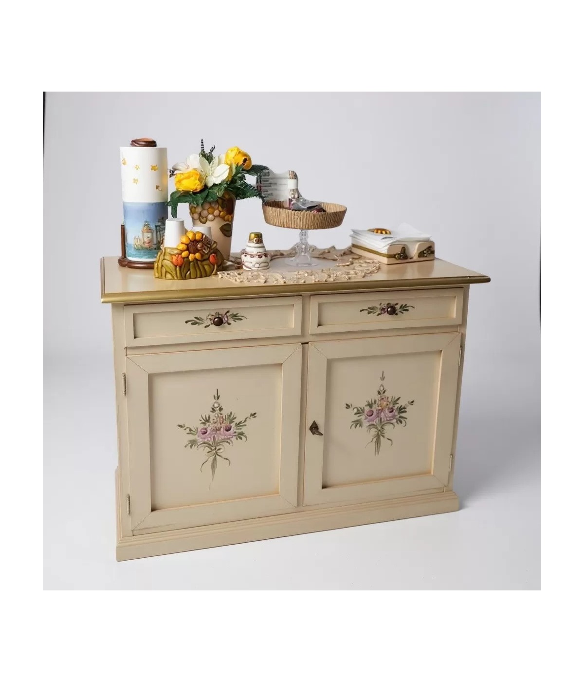 MOBILI 2G - Credenza 2 Ante legno shabby avorio anticato decorato filo oro 105X42X85 VISTA FRONTALE