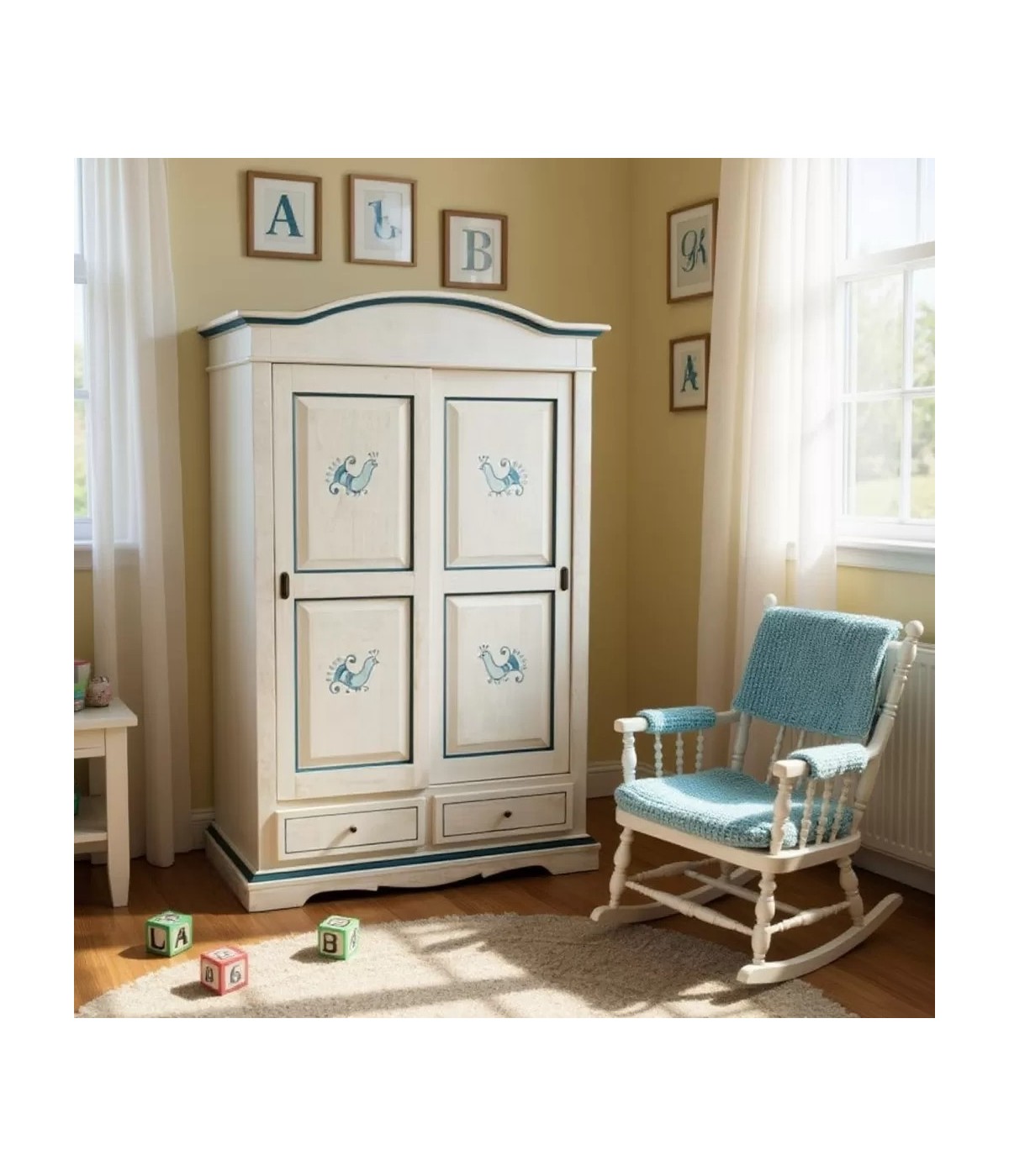 Armadio 2 ante scorrevoli legno shabby bianco anticato pavoncella 122X59X200 VISTA FRONTALE