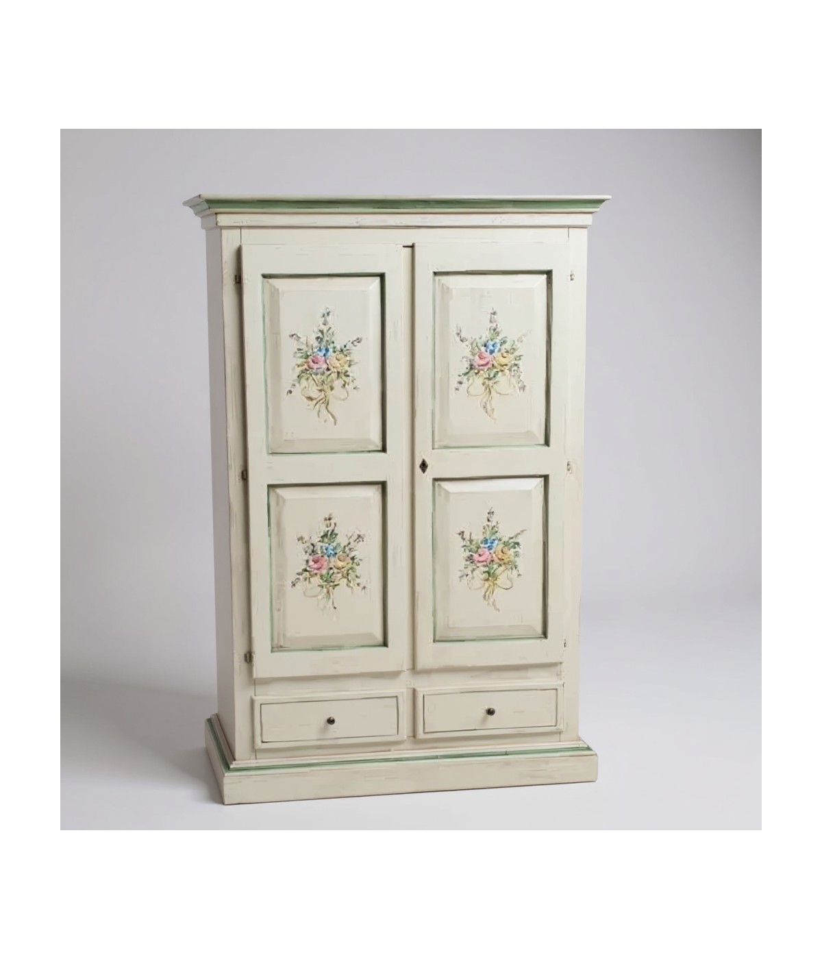 MOBILI 2G - ARMADIO 2 PORTE IN LEGNO SHABBY AVORIO PATINATO/VERDE 125X61X200 VISTA FRONTALE