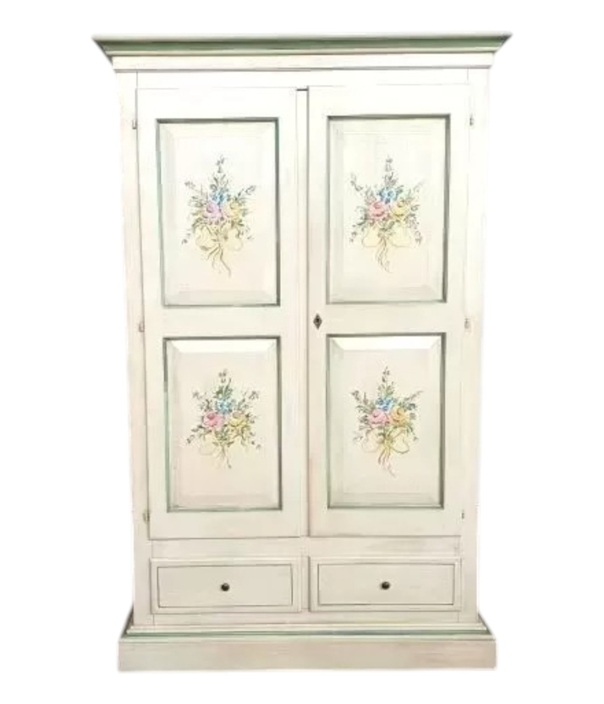 ARMADIO 2 PORTE IN LEGNO SHABBY BIANCO ANTICATO VERDE DECORI 125X61X200 vista frontale