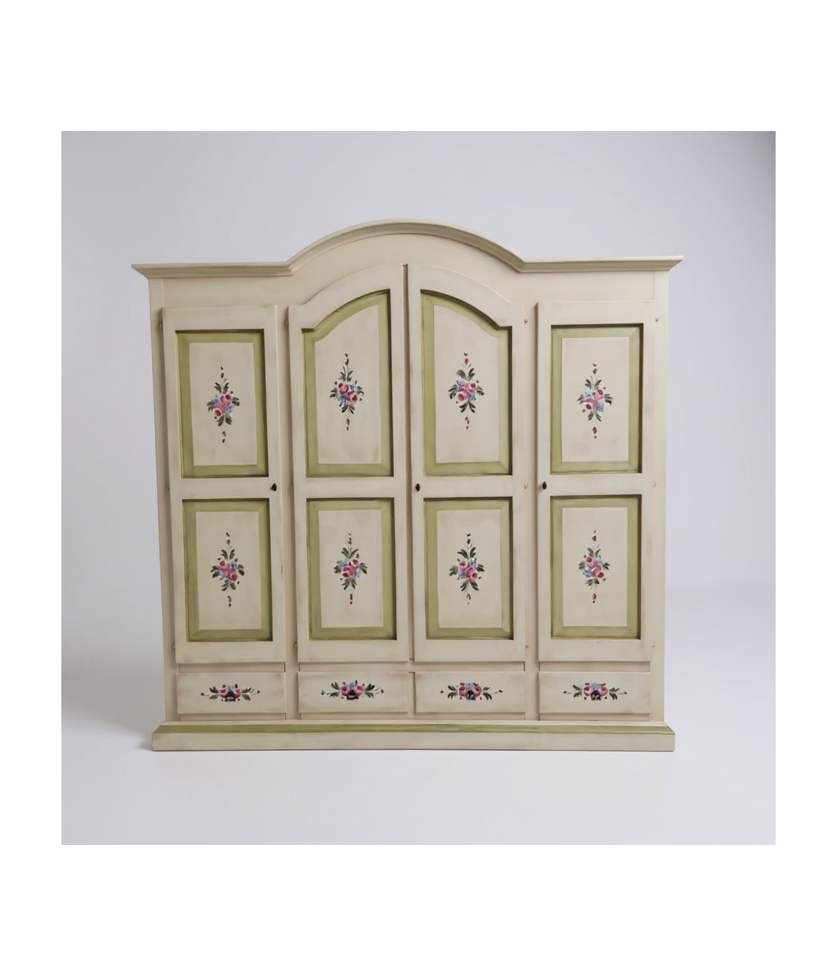 Armadio shabby 4 porte legno avorio anticato decorato filo verde  234X60X230