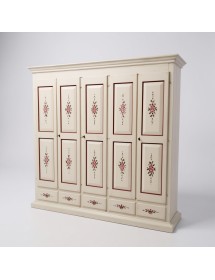 Armadio shabby 5 porte legno bianco anticato decorato filo marrone 254X61X240 VISTA FRONTALE