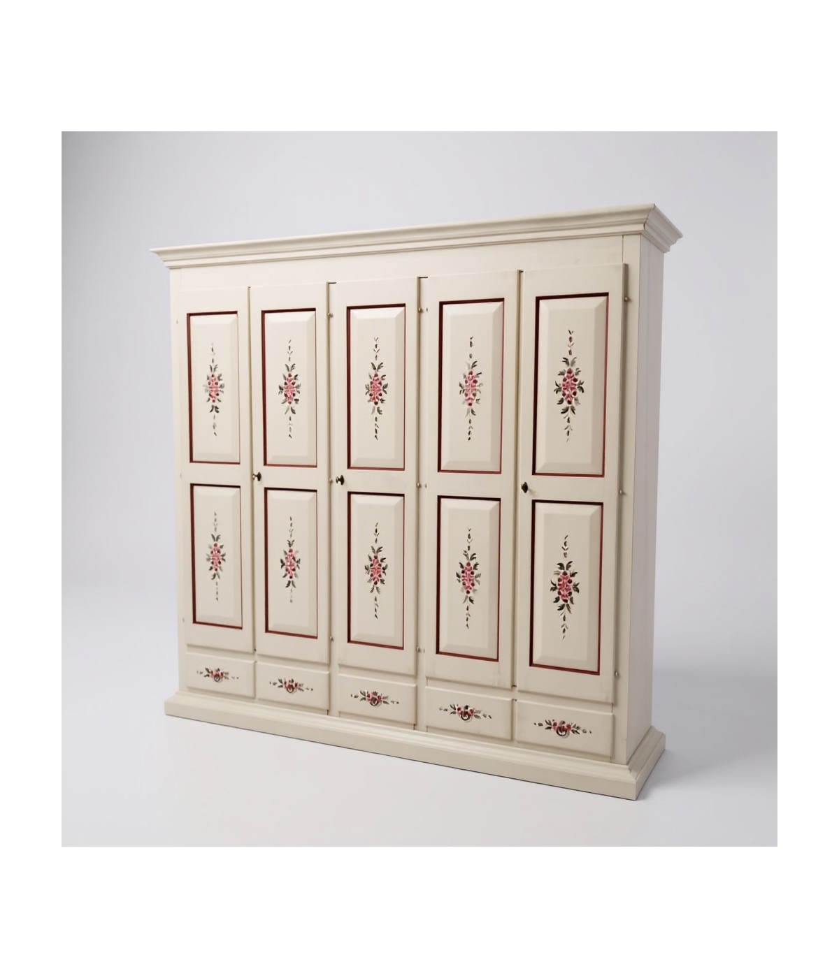 Armadio shabby 5 porte legno bianco anticato decorato filo marrone 254X61X240 VISTA FRONTALE