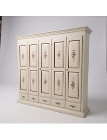 Armadio shabby 5 porte legno bianco anticato decorato filo marrone 254X61X240 VISTA FRONTALE