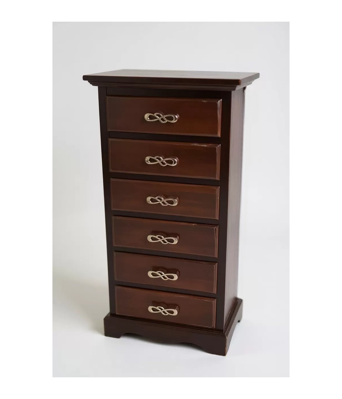 Cassettiera arte povera 6 cassetti legno noce scuro maniglia oro 50x35X105 vista frontale